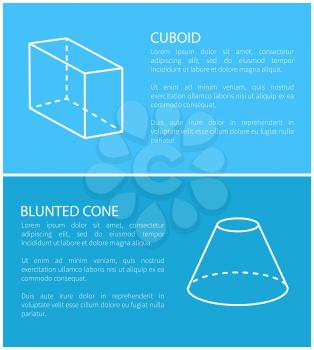 Cuboid and blunted cone set of posters with informational text and headline, cuboid and cone collection, banner vector illustration isolated on blue