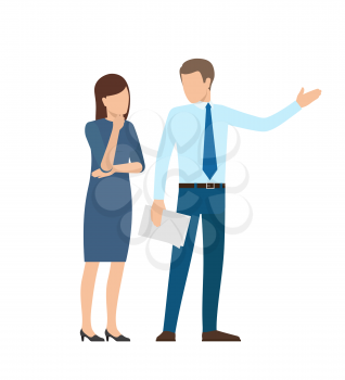 People at work business, poster with leader and woman, thinking about proposition of man, meeting and discussion, isolated on vector illustration