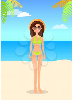 Woman in panties and bra swimsuit vector slim tender female in straw hat and sunglasses on seascape background with palms, stylish swimsuit summer mode