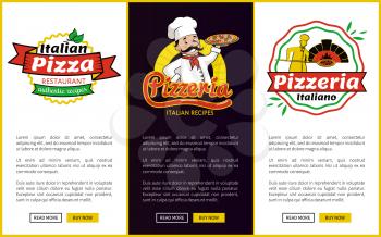 Italian pizza restaurant and authentic recipes, web pages with pizzeria sign and pizza images, set with text sample isolated on vector illustration