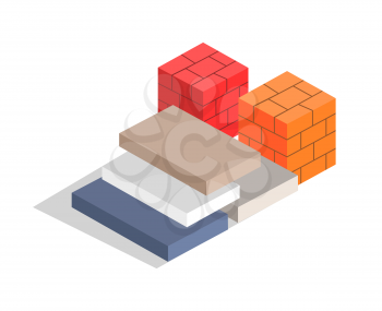 Red and orange bricks, varied blocks collection, vector illustration isolated on white background, colorful blocks materials, abstract bricks cubes