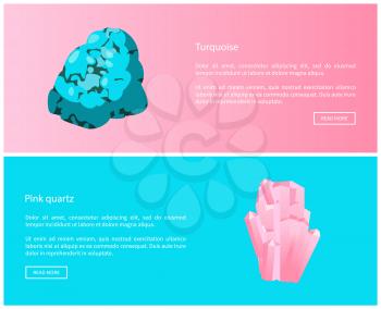 Turquoise and pink quartz minerals composed of silicon and oxygen atoms, semi-precious gemstones, expensive minerals vector web online posters set