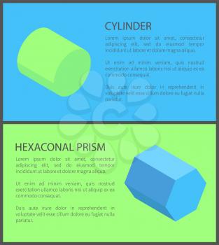 Cylinder and hexagonal prism, colorful posters isolated on blue and green backdrops, geometric objects on vector illustration, prisms set, text sample