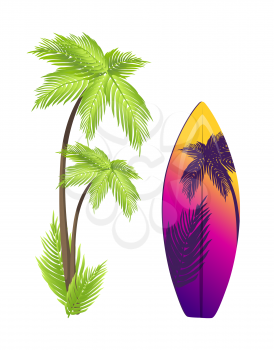 Surfing board and palm tree, summer and tropical, palm with branches and long wide leaves, surfboard vector illustration isolated on white background