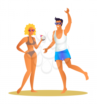 Happy couple at summer man in shorts and glasses and woman in sexy bikini and bra, girl drinking cocktail from coconut, vector cartoon lovers summertime