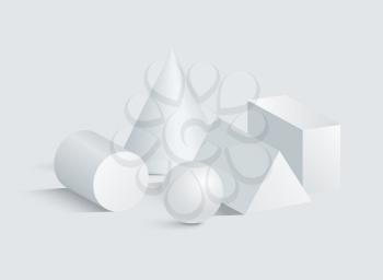 Cone cylinder sphere cuboid and triangular prism 3D geometric white shapes. Three dimensional cuboid and cone triangular prism sphere cylinder vector