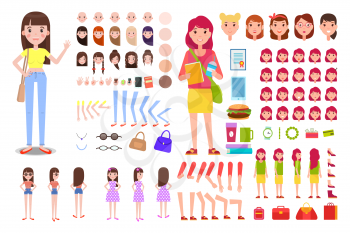 Female constructor collection, character constructor with accessories and details, emotions and hairstyles set, vector illustration isolated on white