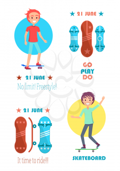 Its time to ride 21st June no limits freestyle motto slogans on go Skateboarding day vector illustration posters set with champion boys and skateboards