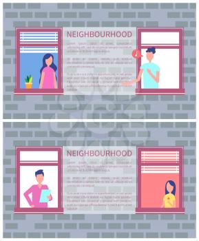 Neighbourhood poster with copy space for text, brick wall and open windows, people doing daily activities vector illustration singing man, eating woman