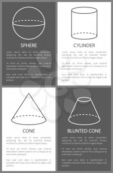 Sphere cylinder cone and blunted cone geometric shapes simple figures sketches made from lines and dashes, sphere and cylinder projections vector set