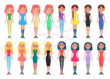 Stylish women in casual and elegant outfits. Fashionable women in dresses and denim jeans. Girls in modern clothes isolated vector illustrations set.
