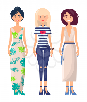 Three casual girls in different summer clothing vector illustration, light summer gown, heeled shoes vogue jeans, striped t-shirt vogue skirt and sash