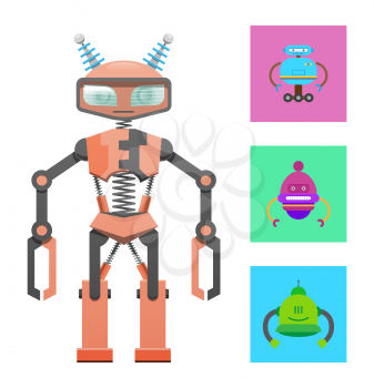 Humanoid robot, construction sample, color banner, vector illustration with varied robots set isolated on white backdrop, cyborg with antennas on head
