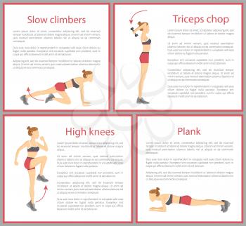 Slow climbers, triceps chop and high knees, plank tabata posters collection, text sample and tabata exercises vector illustration isolated on white