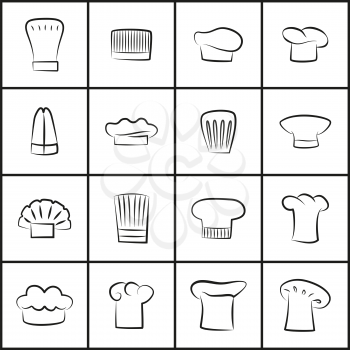 Chef hats of all shapes thin outline set. Cooks uniform elements with various designs. Chef hats sketches isolated monochrome vector illustrations.