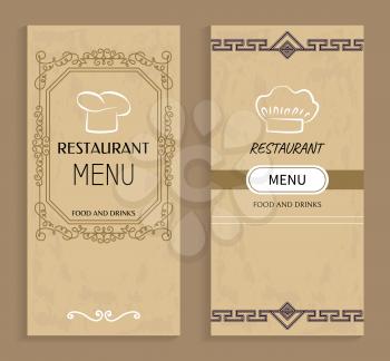 Restaurant menu with drinks and food templates. Menu of vintage design with chef hat logo. Prestigious restaurant menus covers vector illustrations.