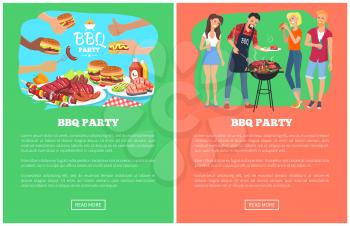 BBQ party collection of web pages with text sample and headlines, people and bbq party, plates full of food and sauces isolated on vector illustration