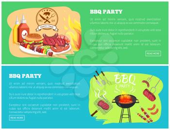 BBQ party collection of websites with sauce and sausage, grilled meat, text sample and bbq party information vector illustration isolated on green
