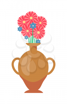 Vase with flowers bouquet, vase of brown color with flowers in blossom, flourishing plants and container with water isolated on vector illustration