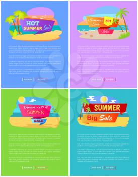 Summer big sale best discount set of posters online pages with tropical beach, palm trees at coastline, best prices at summertime, sale concept vector