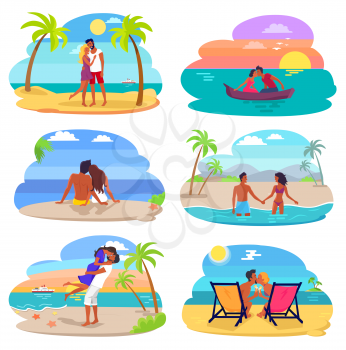 Couples in love seaside collection, happy people summertime and rest, couples kissing and hugging, vector illustration isolated on white background
