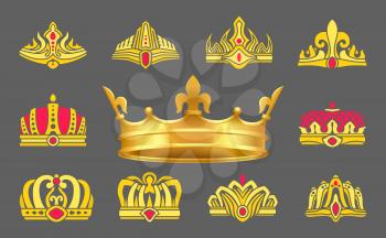 Luxurious gold crowns inlaid with ruby stones set. Heraldic accessories for whole royal family. Expensive crowns of gold vector illustrations set.
