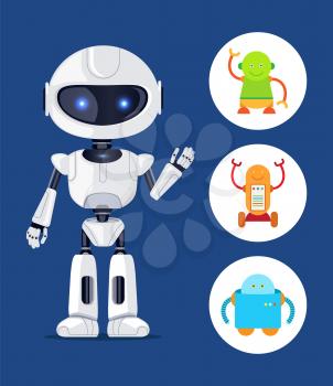 Robot with glowing eyes, set of robots, robotic creature waving and being friendly, circle icons vector illustration, isolated on blue background