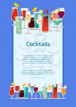Cocktails poster, multicolored vector illustration isolated on blue backdrop, white rectangle with text sample, set of drinks in decorated goblets