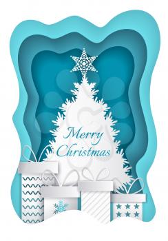 Merry Christmas blue and white paper cut. Fir-tree with big star and four different presents with bows. Handmade gift on holiday vector illustration