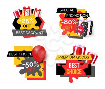 Best discount reduction half of price off isolated banners set vector. Sellout special propositions of shops to clients. Sale promotion with presents