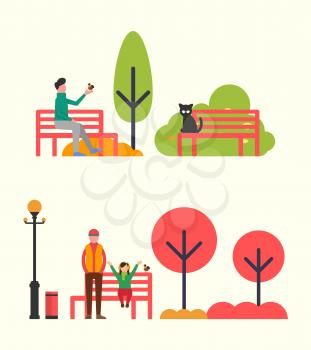 Man sitting on bench and holding bird in hands. Vector family father and daughter on seat. Autumn landscape with color trees, street lamp and bin