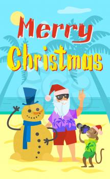 Merry Christmas, Santa Claus making photo with snowman made of sand in winter hat and scarf. Monkey and Saint Nicholas on summer holidays, vector New Year