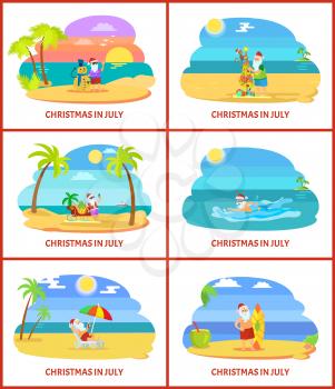 Christmas in July vector illustrations on beach. Santa have rest on plage making snowman and tree, standing near sleigh and surf and swimming in water
