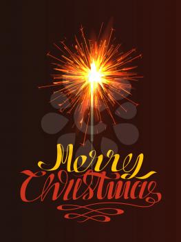 Sparkler with burning fire isolated on brown, Merry Christmas greeting text. Lettering New Year congratulation and Bengal light in realistic design, vector