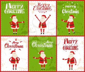 Santa Claus, Merry Christmas wintertime vector greeting cards. Saint Nicholas dancing, sitting on armchair, showing ok sign, stickers set, cartoon character on grunge