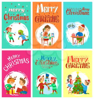 Merry Christmas wintertime activities, children playing snowballs, making handmade gifts, writing letter to Santa, making snowman and decorating tree, open boxes, vector