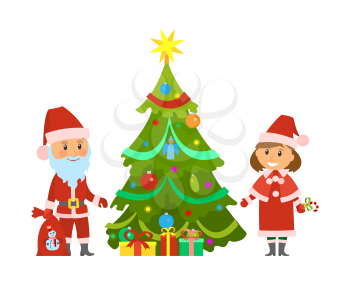 Christmas holidays, winter characters Santa Claus and Snow Maiden vector. Evergreen pine decorated with baubles shiny garland. Father Frost with bag