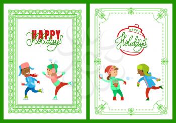 Happy holidays, Christmas vacations of children vector. Kids playing snowball fight and figure skating on ice rink. Winter hobbies and child pastime