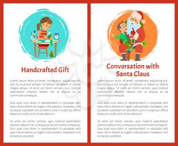 Handcrafted gift and conversation with Santa vector posters, Christmas Claus and kid sitting on his laps vector. Girl scrapbooking greetings, text sample
