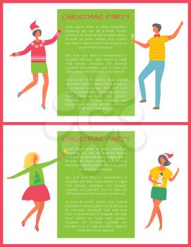 Christmas party posters with people and text sample. Man with glass of champagne, woman with splasher in New Year themed sweaters, vector cartoon characters