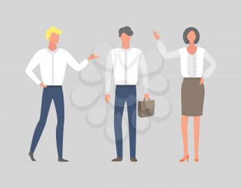 Business people in white shirts, managers in cartoon style. Man with briefcase, woman in skirt, excellent team working together, vector characters isolated