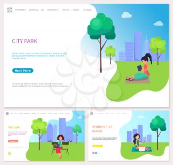 Women on the grass using laptop and phone, spending time in city park. Girl in office style sitting on the bench with laptop near free wifi zone vector
