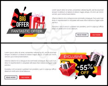 Shopping products sellout 55 off price vector web site templates. Presents and gifts in shopping basket, promotion and clearance of shops, sale goods