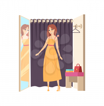 Woman client in changing room, shopping trying on dress vector. Mirror with reflection of lady wearing robe, hanger curtain. Customer choosing clothes