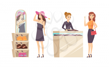 Female trying different hats in shop set vector. Jewelry store with consultant advising to buy gold ring with diamond. Customer with precious stone