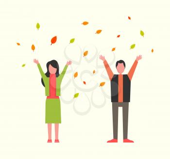 Autumn park joy, people playing with fallen leaves vector. Man and woman having fun, foliage from autumnal trees. Couple throwing frondage outdoors