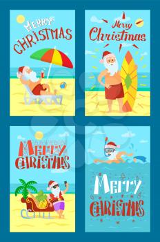 Merry Christmas, Santa Claus lying on sunbed, surfboard and sleigh, man diving in sea. Color umbrella, father frost in red hat drinking refreshing cocktail