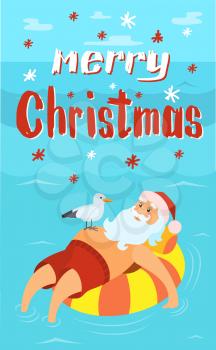 Merry Christmas, Santa Claus on life buoy, seagull bird, vector cartoon character celebrating New Year in tropical country. Vector bearded man in inflatable float