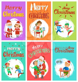 Christmas holidays, letter to Santa Claus, cartoon character Snow Maiden, kids playing snowballs, skating outdoors, child telling wishes vector in brush frame