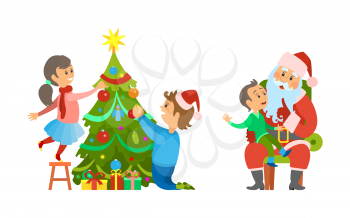 Christmas holiday preparation and tree decoration by family vector, Father and daughter spending time together by pine, Santa Claus and kid on laps